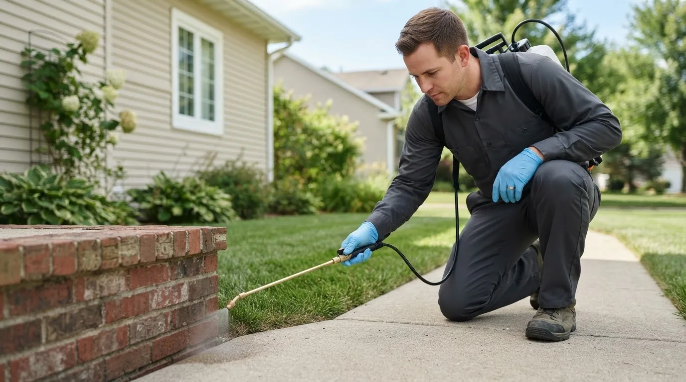 Pest control technician treating a home near Wolcott, NY