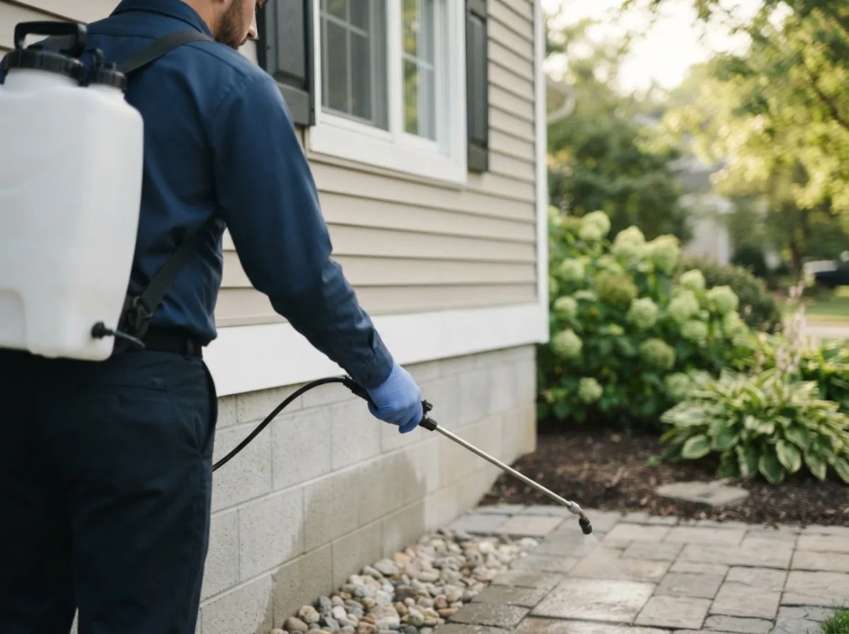 Pest control technician inspecting a home in Wolcott, NY